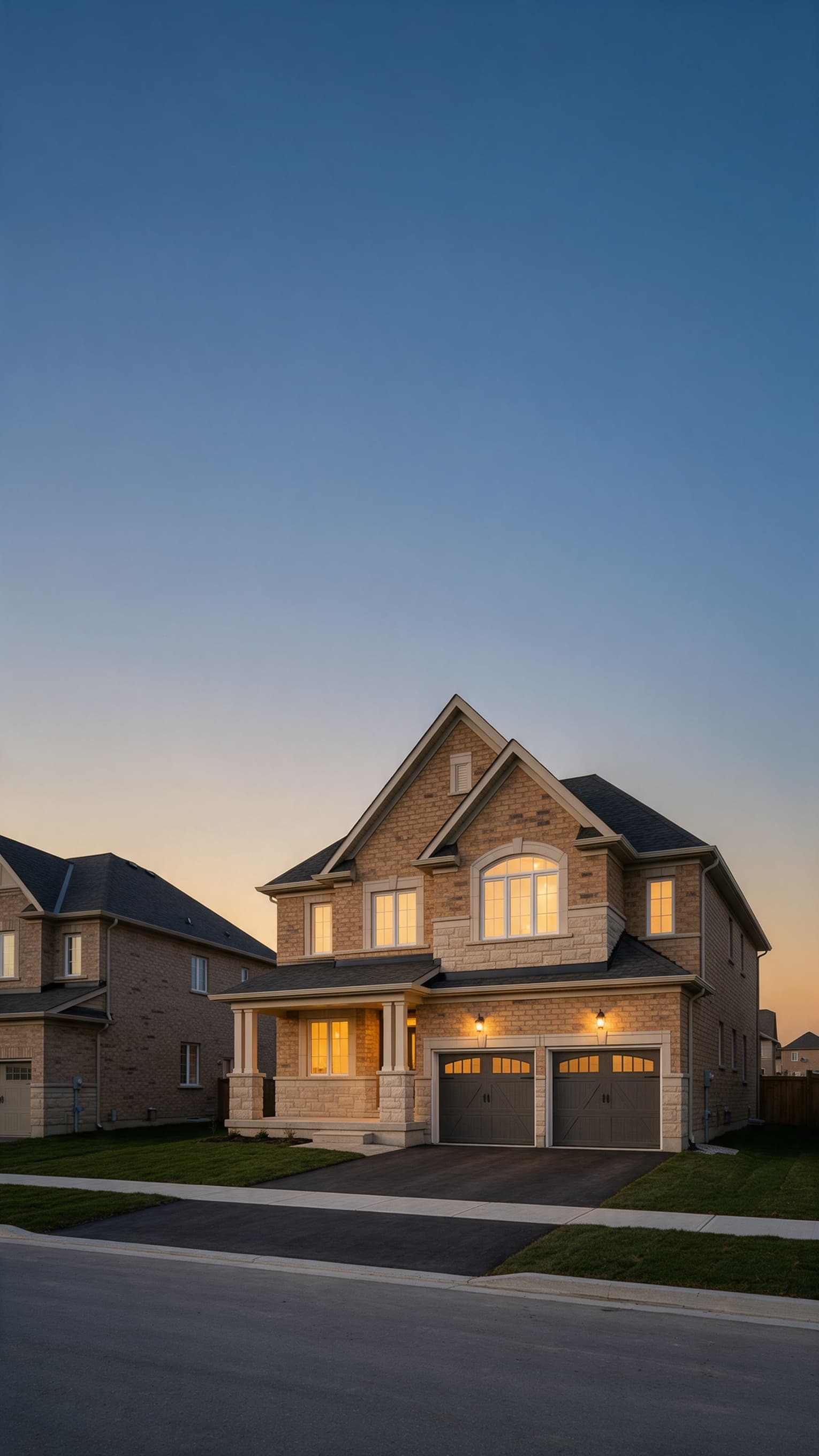 Illustrative concept: a new two-storey brick and stone detached home with a double-car garage at dusk